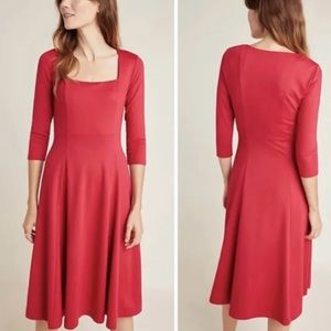 ANTHROPOLOGIE Maeve Jocelyn Red Square Neck 3/4 Sleeve Midi Dress Size M